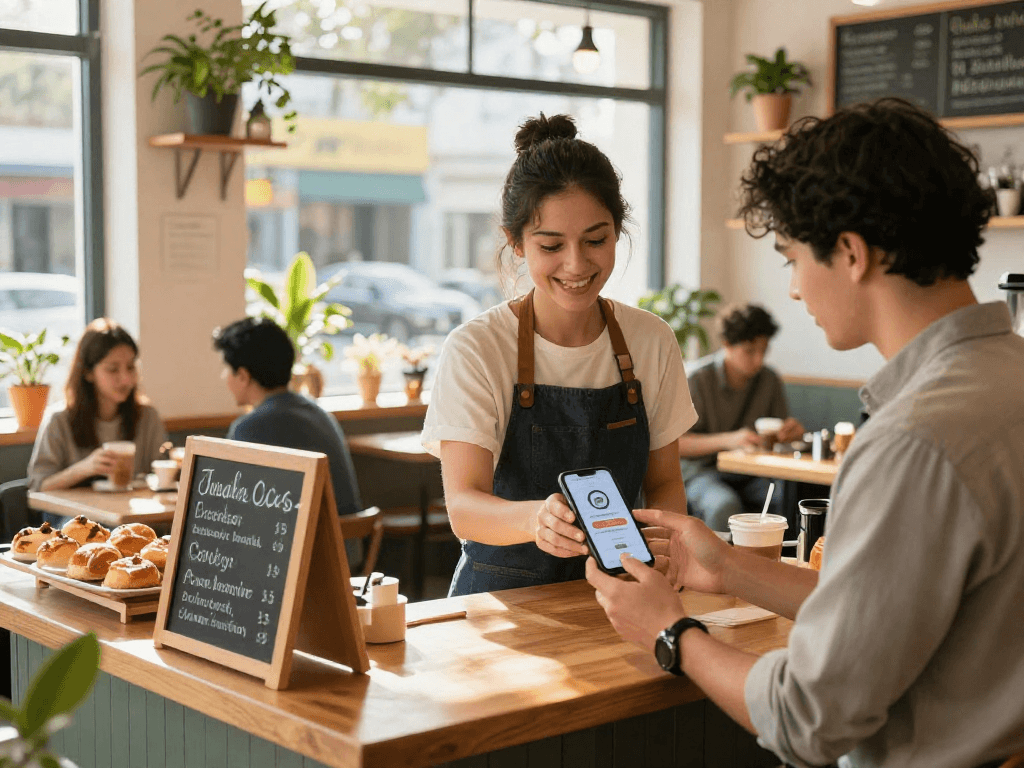 Engaged customer exploring a loyalty application at a café, highlighting the benefits of loyalty programs.