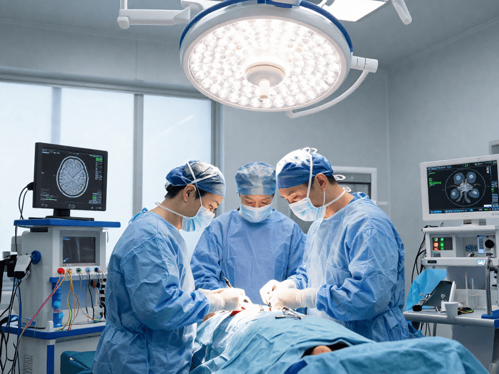 Beyin tümörü ameliyatı in action, showcasing skilled surgeons and advanced techniques in a bright surgical environment.