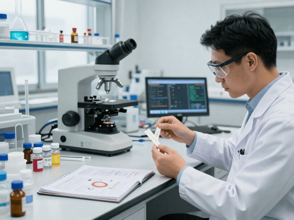 Researcher analyzing TB 500 benefits in modern lab environment showcasing innovative buccal strips.