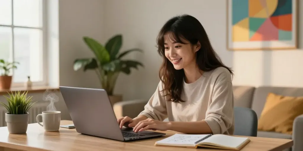 Engaging in an AI sex chat in a cozy home office setting.