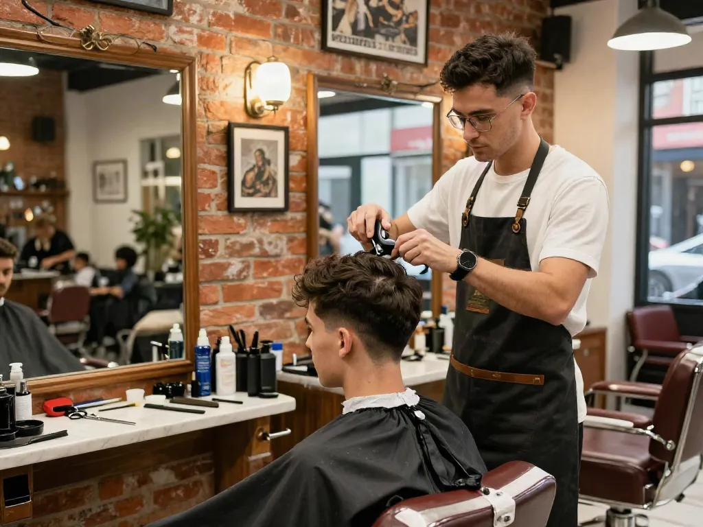 Barber at rokok88 cutting hair in a stylish barbershop setting.