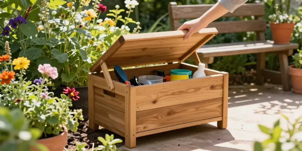 Wooden garden storage unit displaying organized tools in a vibrant garden setting.